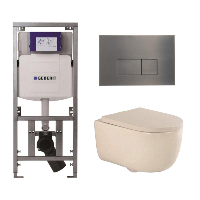 Geberit QeramiQ Dely Swirl Toiletset - 36.3x51.7cm -  UP320 Burda inbouwreservoir - 35mm zitting - gunmetal bedieningsplaat - rechthoekige knoppen - beige 0701131/SW706199/SW1000771/SW1026259