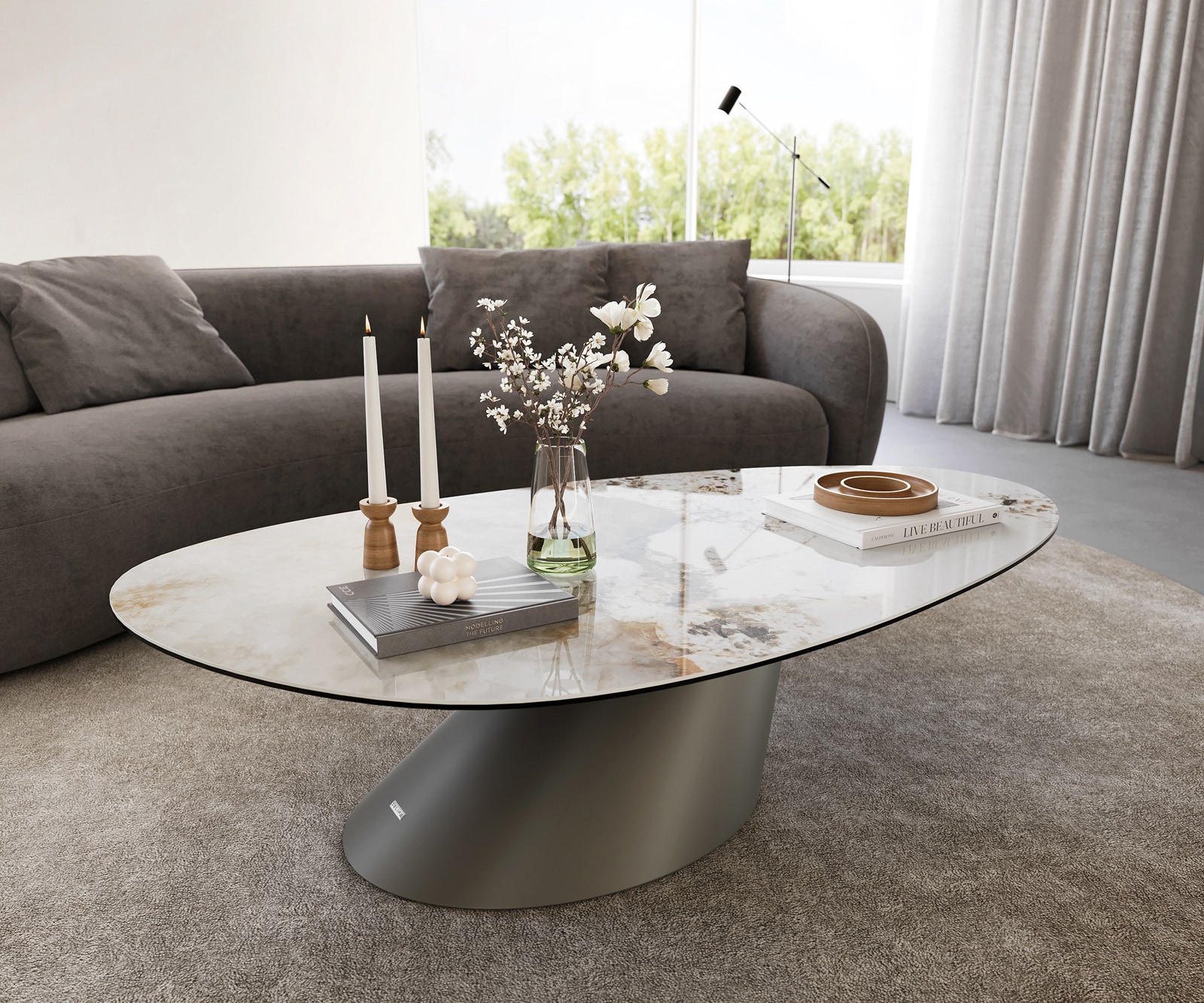 DELIFE Couchtisch Edge Oval 140x75 cm Keramik Minas Melange Conis Metall Effektfinish Titan