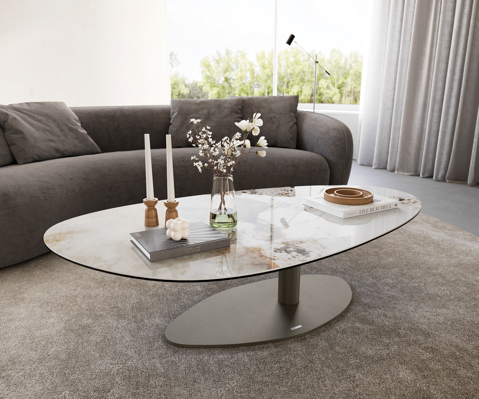 DELIFE Couchtisch Edge Oval 140x75 cm Keramik Minas Melange Vibany Metall Effektfinish Titan