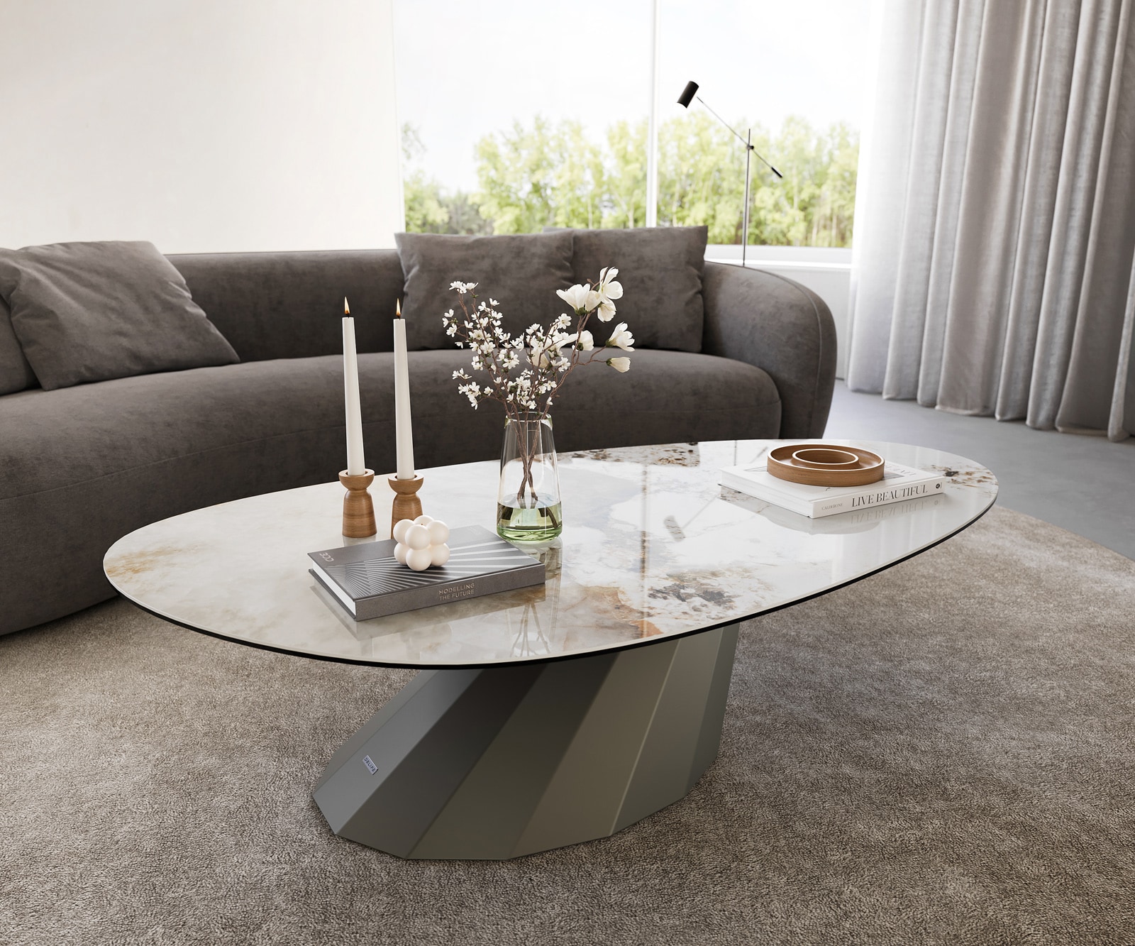 DELIFE Couchtisch Edge Oval 140x75 cm Keramik Minas Melange Parabi Metall Effektfinish Titan