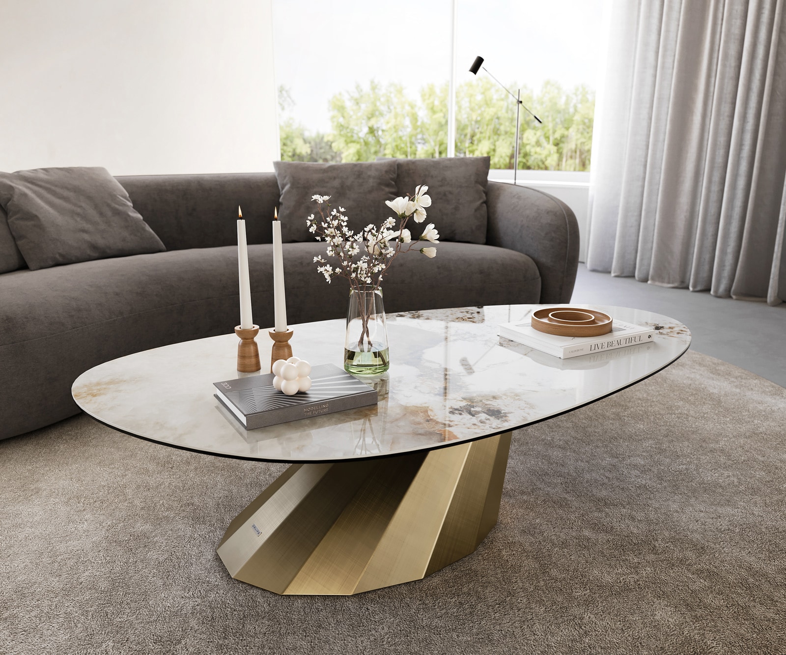 DELIFE Couchtisch Edge Oval 140x75 cm Keramik Minas Melange Parabi Metallic Gold