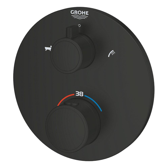 Grohe Grohtherm Badmengkraan - afdekset - thermostatisch - 2 uitgangen - met omstelling - rond - matte black 1022102430