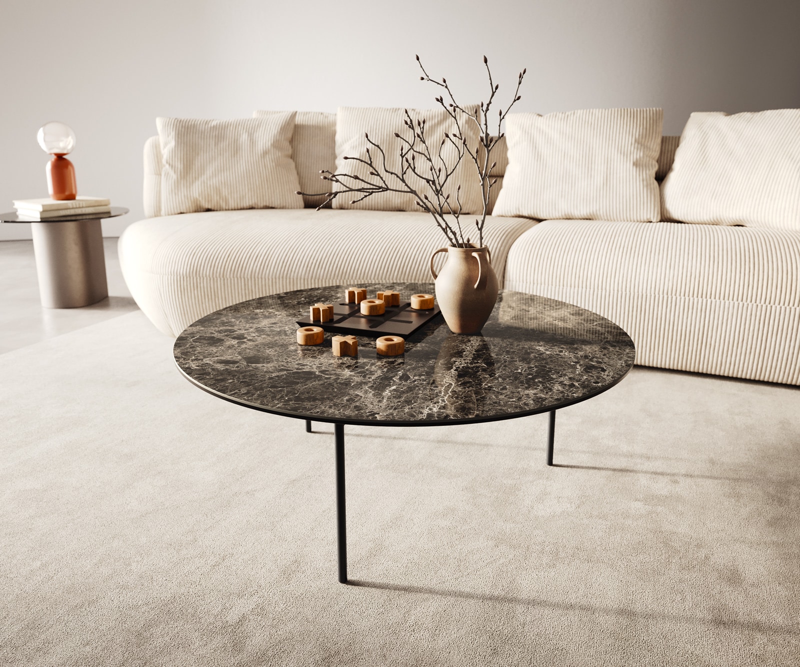DELIFE Couchtisch Edge Rund 90x90 cm Keramik Laminam Emperador Extra Lucidato Dunkelbraun Trive Metall Schwarz