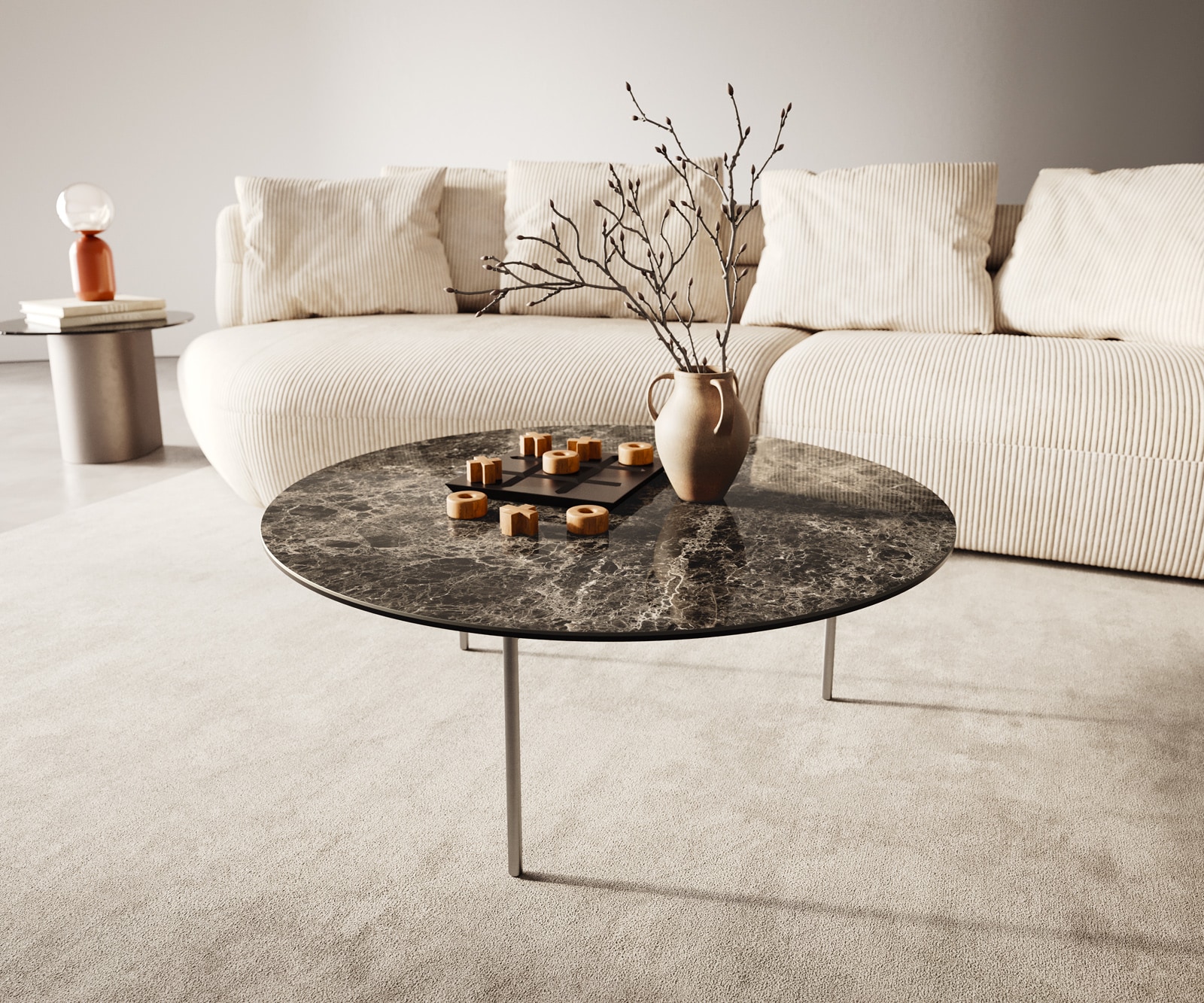 DELIFE Couchtisch Edge Rund 90x90 cm Keramik Laminam Emperador Extra Lucidato Dunkelbraun Trive Edelstahl gebürstet