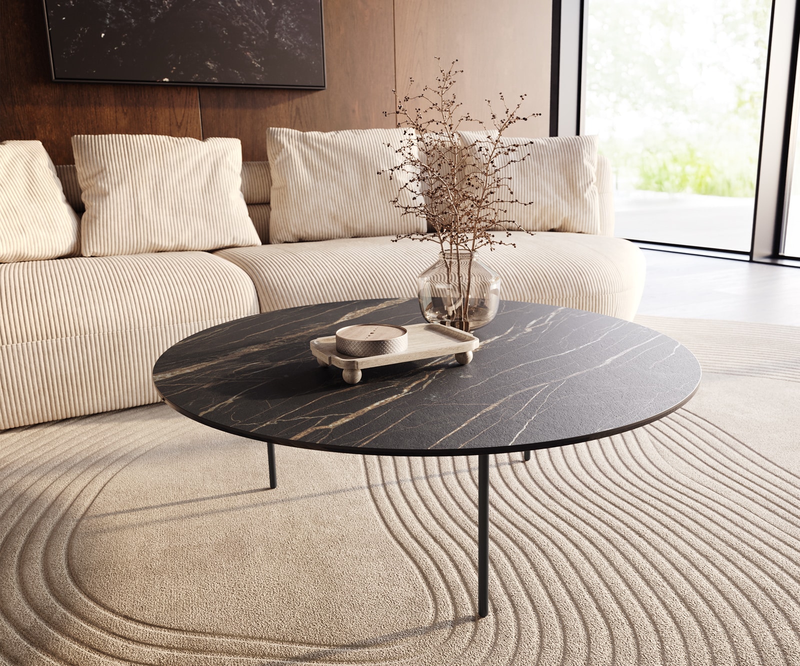 DELIFE Couchtisch Edge Rund 100x100 cm Keramik Laminam Noir Desir Braun Trive Metall Schwarz