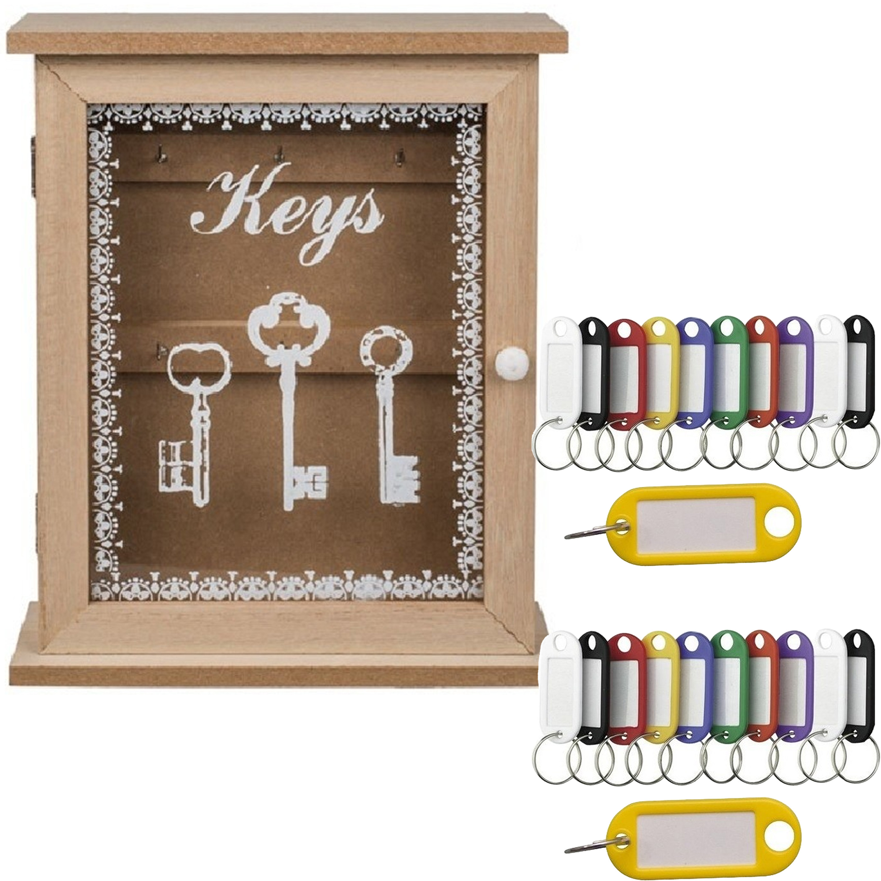 Merkloos Houten sleutelkastje - met 20x stuks sleutellabels - 22 x 27 cm - organiseren -