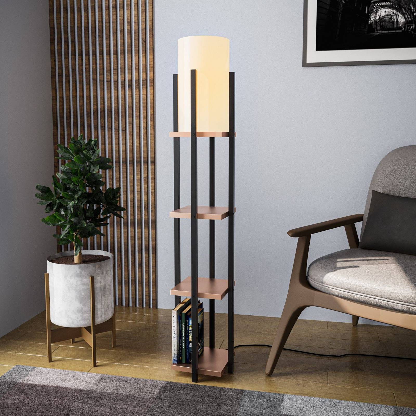 Opviq Vloerlamp Shelf, zwart/koper, stof, hoogte 130 cm, E27