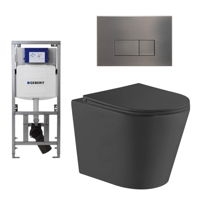 Geberit QeramiQ Dely Toiletset - 36.3x51.7cm - diepspoel - rimless -  UP320 inbouwreservoir - met Burda frame - softclose toiletzitting - gunmetal bedieningsplaat - rechtehoekige knoppen - zwart mat SW