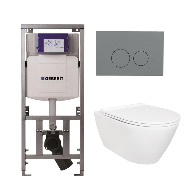 Geberit QeramiQ Salina Toiletset - rimless -  inbouwreservoir - diepspoel wandcloset - softclose - quickrelease - bedieningsplaat licht grijs - ronde knoppen - wit 0701131/SW96855/SW96857/SW1102374