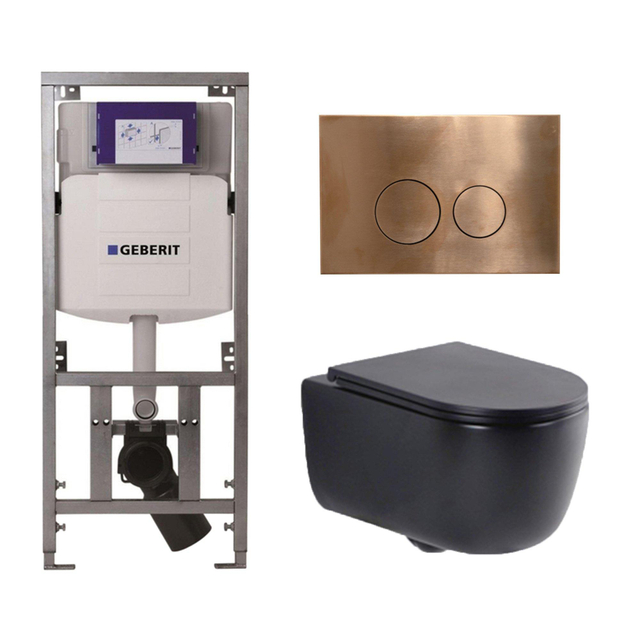 Geberit QeramiQ Dely Swirl Toiletset - 36.3x51.7cm -  UP320 inbouwreservoir - met Burda frame - slim zitting - koperen bedieningsplaat - ronde knoppen - mat zwart 0701131/SW706196/SW1000768/SW106258