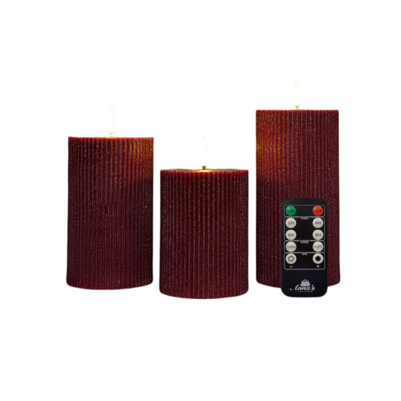 Annas collection Stompkaars ribbel wax led 3d vlam op batterij met afstandbediening set van 3 d7.5h10/12.5/15 cm bordeaux - 