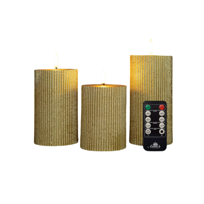 Annas collection Stompkaars ribbel wax led 3d vlam op batterij met afstandbediening set van 3 d7.5h10/12.5/15 cm goud - 