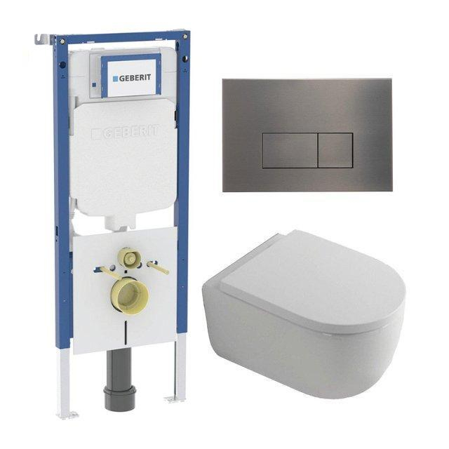 Geberit QeramiQ Dely Swirl Toiletset - 36.3x51.7cm -  UP720 Duofix Sigma inbouwreservoir - 35mm zitting - gunmetal bedieningsplaat - rechthoekige knoppen - wit glans SW1237202/SW706199/SW1000767/SW1026