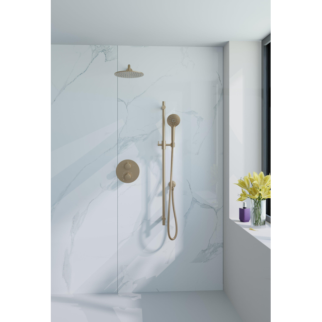Fortifura Calvi Inbouw Regendoucheset - rond - thermostatisch - wandarm - glijstang - 25cm hoofddouche - ronde handdouche - gladde slang - Geborsteld Messing PVD Goud SW728176/SW720555/SW720562/SW1183