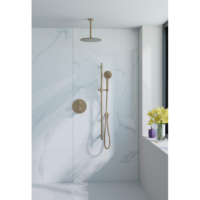 Fortifura Calvi Inbouw Regendoucheset - rond - thermostatisch - plafondarm - glijstang - 25cm hoofddouche - ronde handdouche - gladde slang - Geborsteld Messing PVD (Goud) SW728176/SW720555/SW720557/S