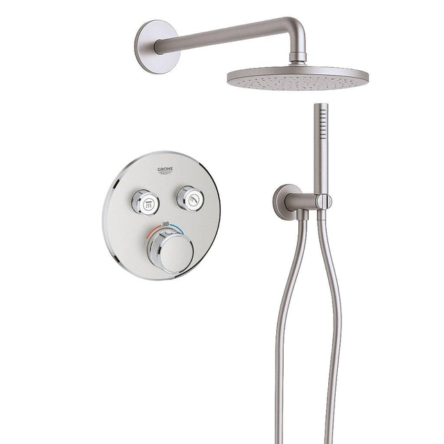 Grohe Adema Rise Regendoucheset - rond - wandaansluitbocht met handdouchehouder - gladde doucheslang - staafhanddouche - wandarm - 25cm hoofddouche -  SmartControl inbouwthermostaat - chroom SW12