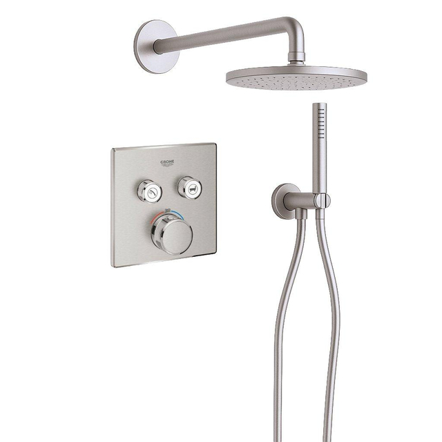 Grohe Adema Rise Regendoucheset - vierkant - wandaansluitbocht met handdouchehouder - gladde doucheslang - staafhanddouche - wandarm - 25cm hoofddouche -  SmartControl inbouwthermostaat - chroom 