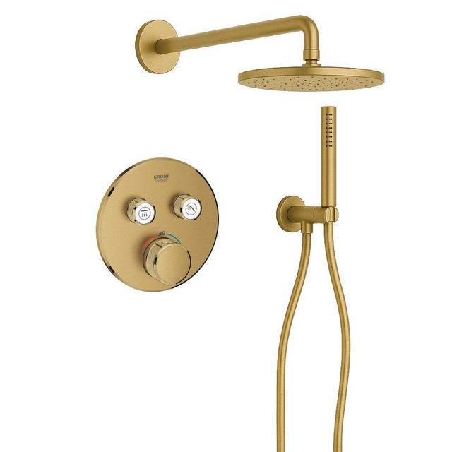 Grohe Adema Rise Regendoucheset - rond - wandaansluitbocht met handdouchehouder - gladde doucheslang - staafhanddouche - wandarm - 25cm hoofddouche -  SmartControl inbouwthermostaat - brushed coo