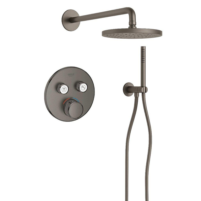 Grohe Adema Rise Regendoucheset - rond - wandaansluitbocht met handdouchehouder - gladde doucheslang - staafhanddouche - wandarm - 25cm hoofddouche -  SmartControl inbouwthermostaat - brushed har