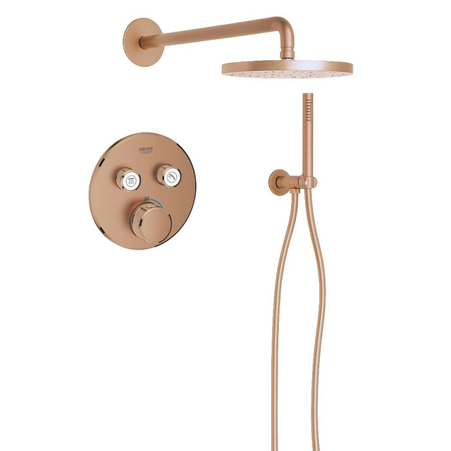 Grohe Adema Rise Regendoucheset - rond - wandaansluitbocht met handdouchehouder - gladde doucheslang - staafhanddouche - wandarm - 25cm hoofddouche -  SmartControl inbouwthermostaat - brushed war