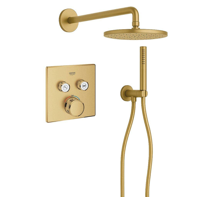 Grohe Adema Rise Regendoucheset - vierkant - wandaansluitbocht met handdouchehouder - gladde doucheslang - staafhanddouche - wandarm - 25cm hoofddouche -  SmartControl inbouwthermostaat - brushed