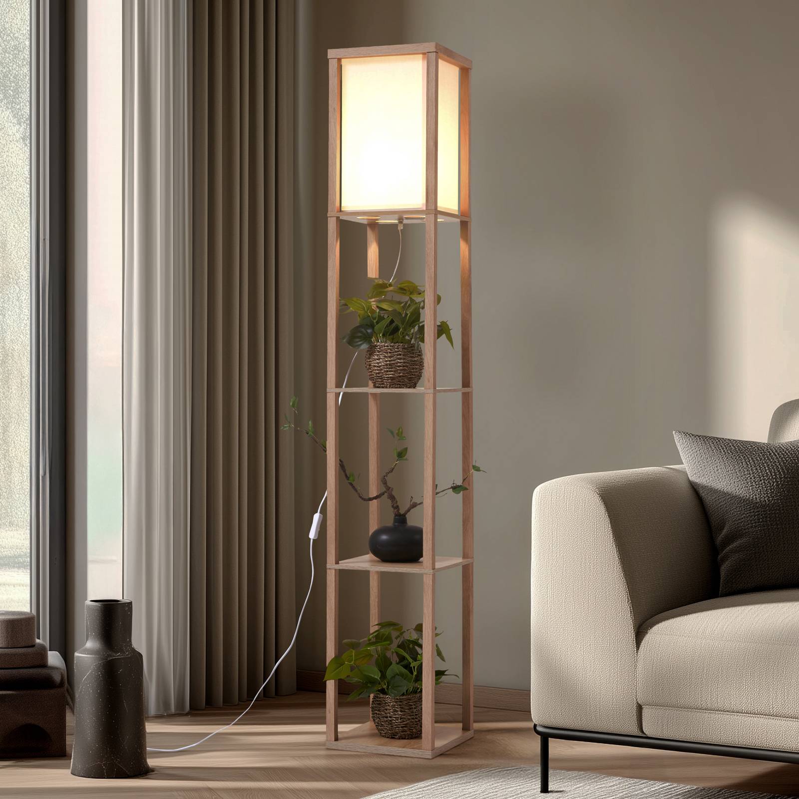 LINDBY vloerlamp Birta, houtkleurig/wit, plank, hout