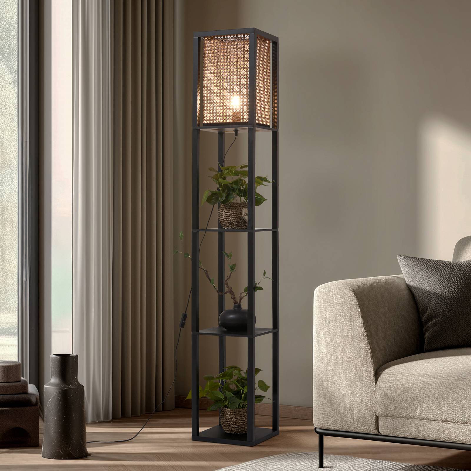 LINDBY vloerlamp Birta, zwart/naturel, plank, rotan
