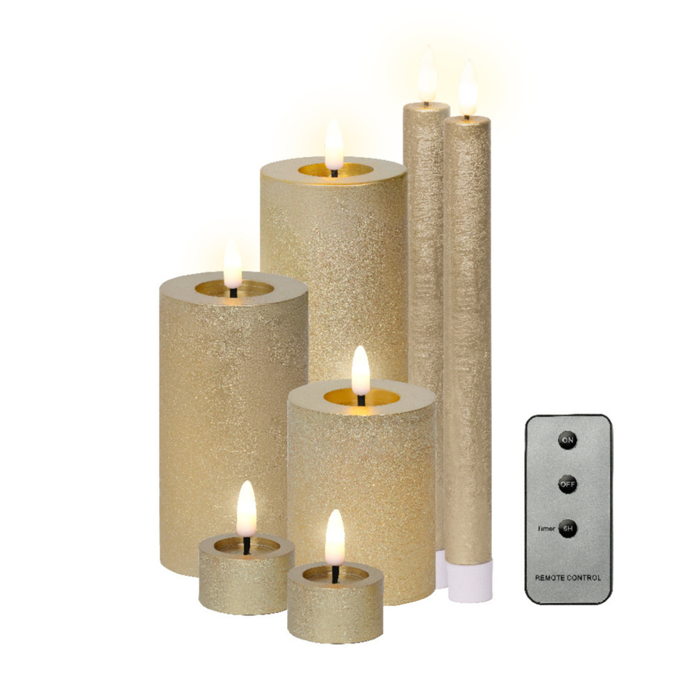 Lumineo LED kaarsen set - 7-dlg - goud - dinerkaarsen/stompkaarsen/theelichten - afstandsbediening -