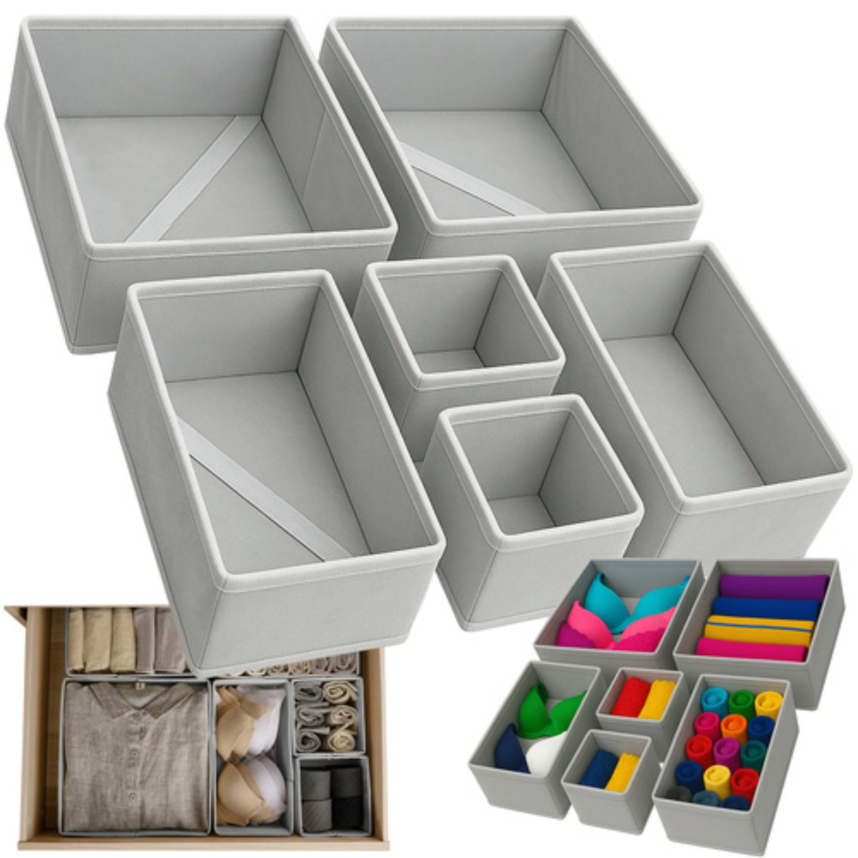 Ruhhy opbergmanden - 6x stuks - 3 formaten - grijs - ondergoed en sokken - ladekast organizer -