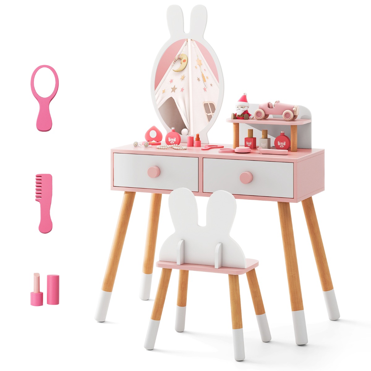 Costway Kinder Schminktisch Set met Konijnenontwerp Make-upset met Massief Houten Poten