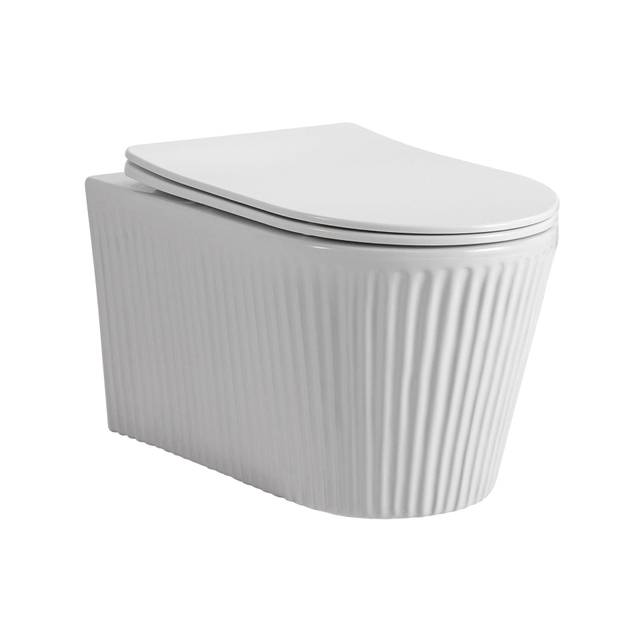 Aloni Muffly Hangend Toilet - 36.5x52x34.6cm - wervelspoeling - randloos - met zitting - softclose - quick release - compact - ribbel - glans wit AL3011