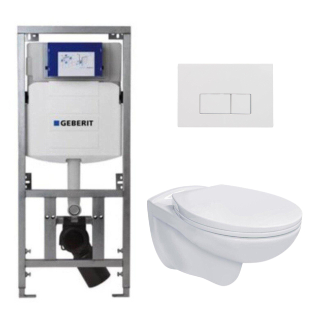 Geberit Adema Classico toiletset bestaande uit inbouwreservoir en toiletpot, basic toiletzitting en bedieningsplaat rechte knoppen wit SW1152613/SW706187/0701131