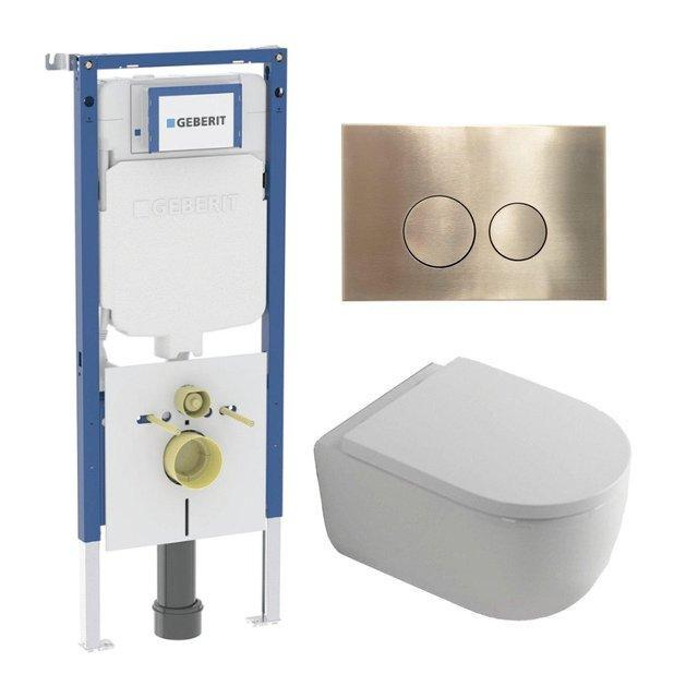 Geberit QeramiQ Dely Swirl Toiletset - 36.3x51.7cm - diepspoel - rimless -  UP720 Duofix Sigma inbouwreservoir - 35mm zitting - geborsteld messing bedieningsplaat - ronde knoppen - wit mat SW1237202/SW