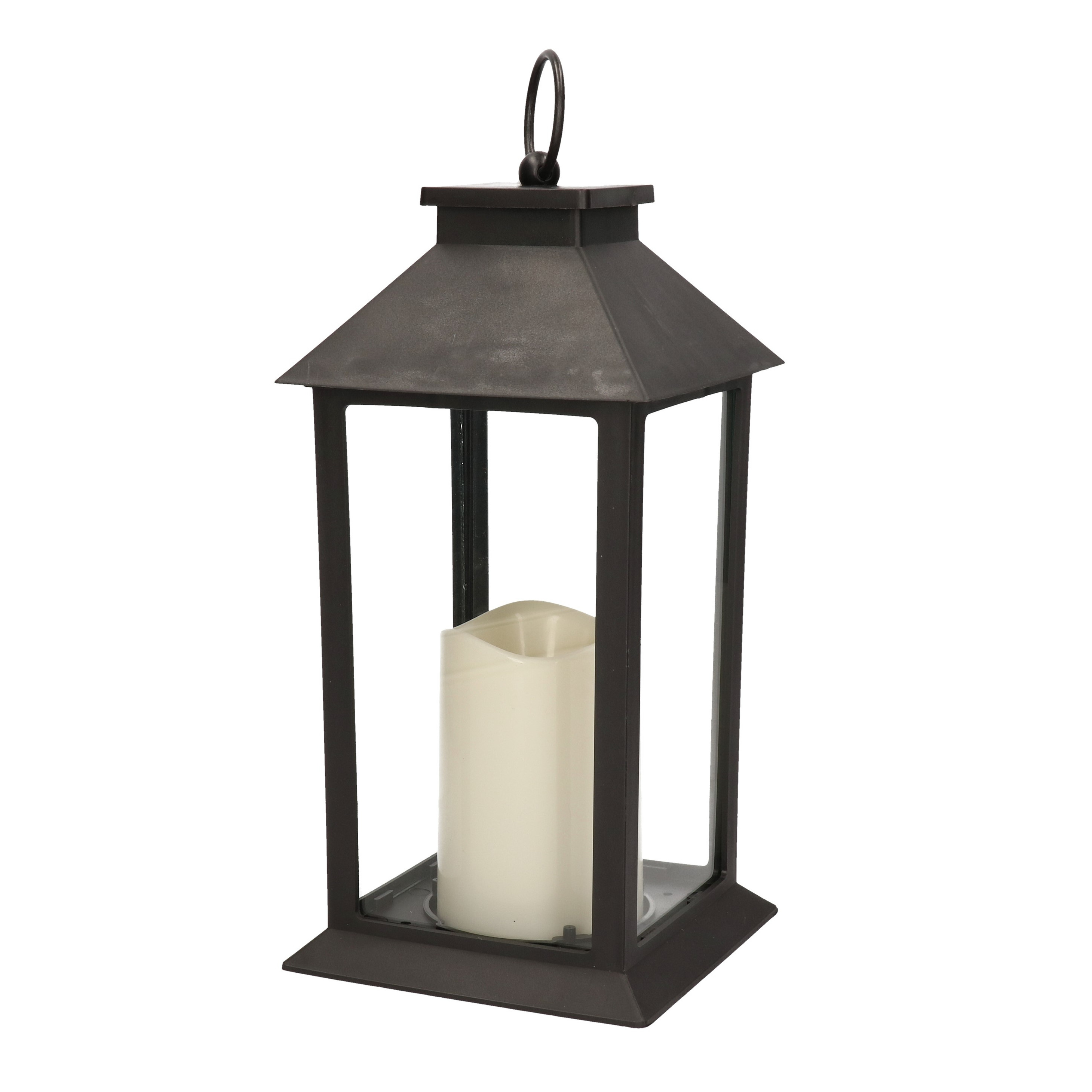 Merkloos Lantaarn - zwart - kaars met LED verlichting - 33 cm -