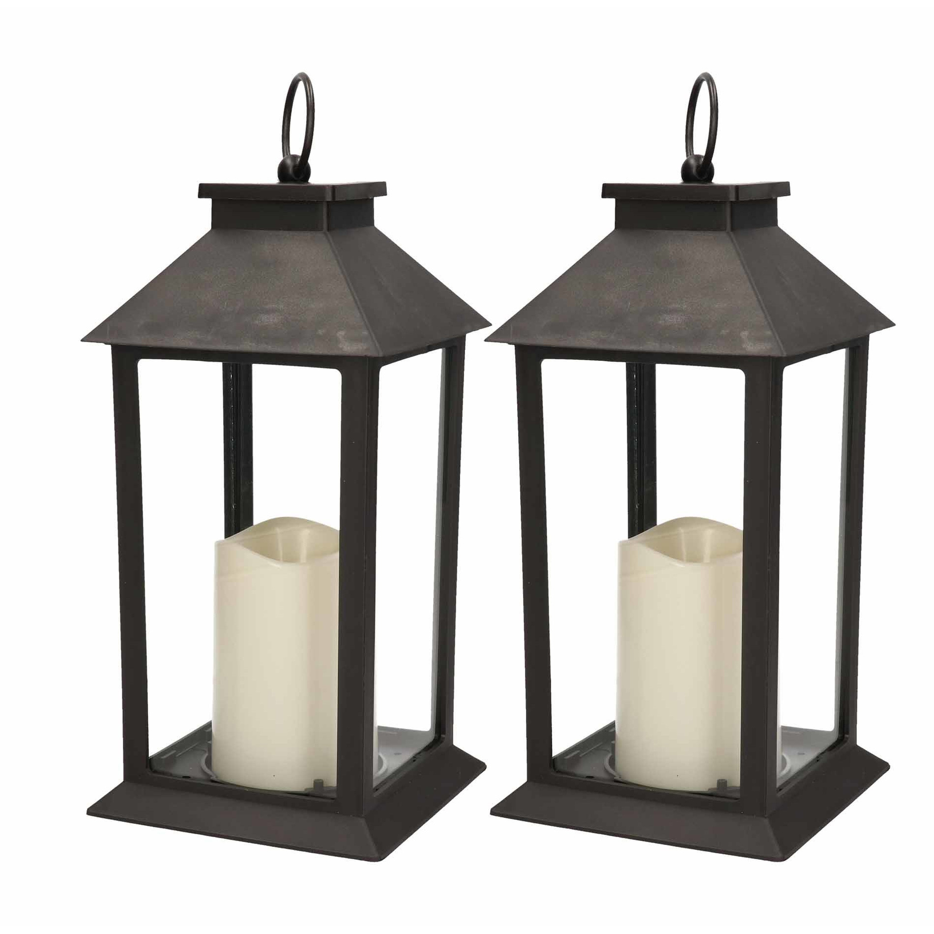 Merkloos 2x Zwarte LED licht lantaarns met kaars 33 cm -