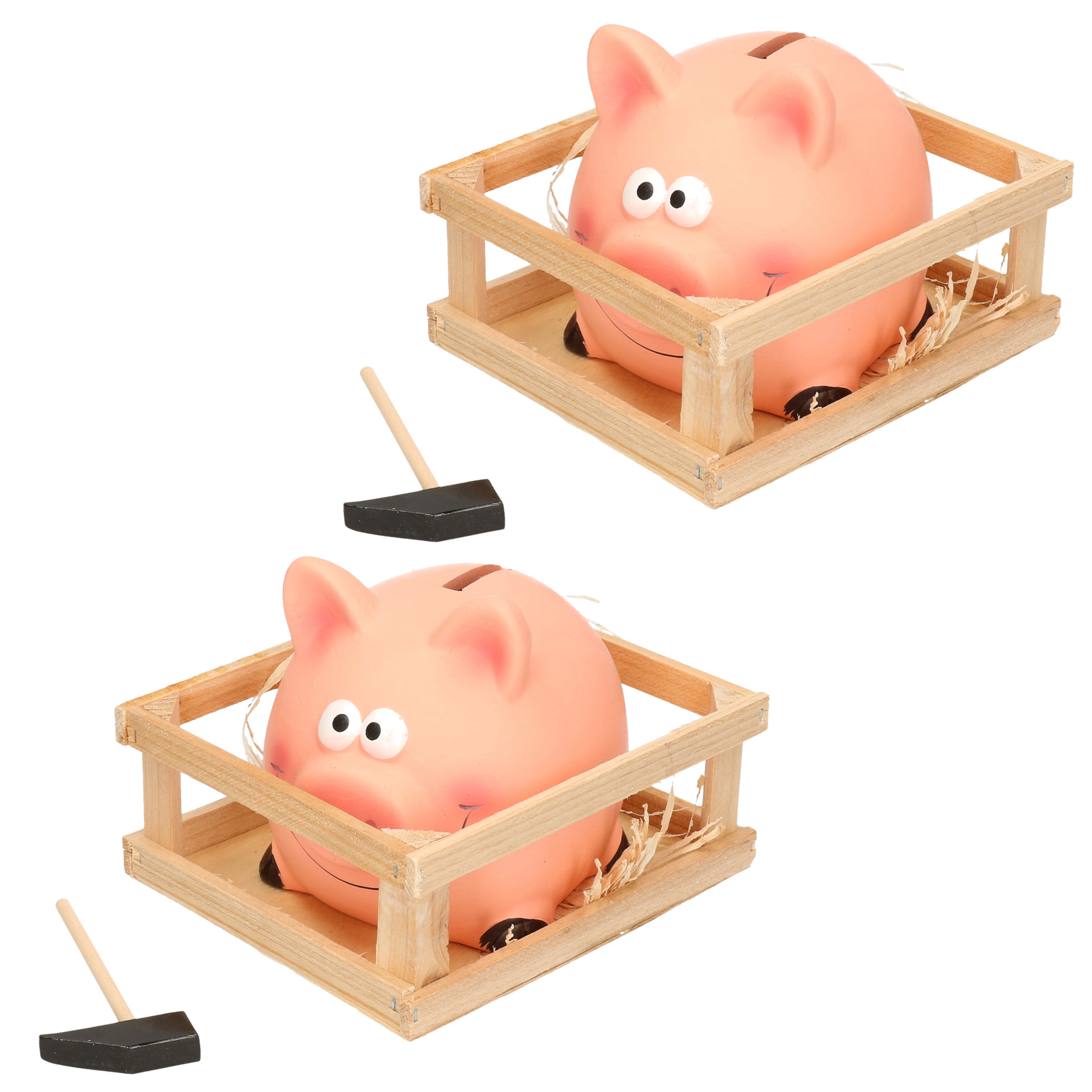Merkloos 2x Spaarvarkens met hamer in kistje keramiek 14 x 12 cm -