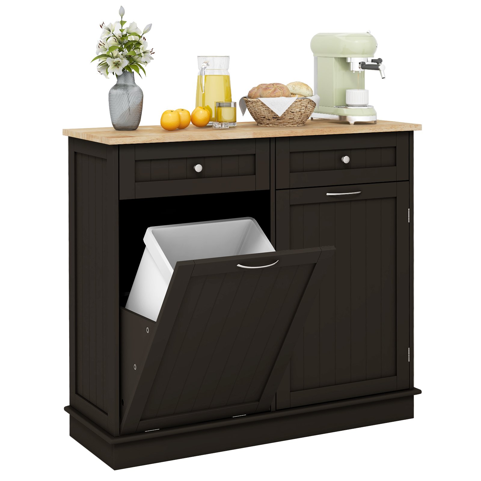 Costway Commode voor 42L Prullenbak met Werkblad & 2 Lades & Verstelbare Plank Keukenkast Bruin