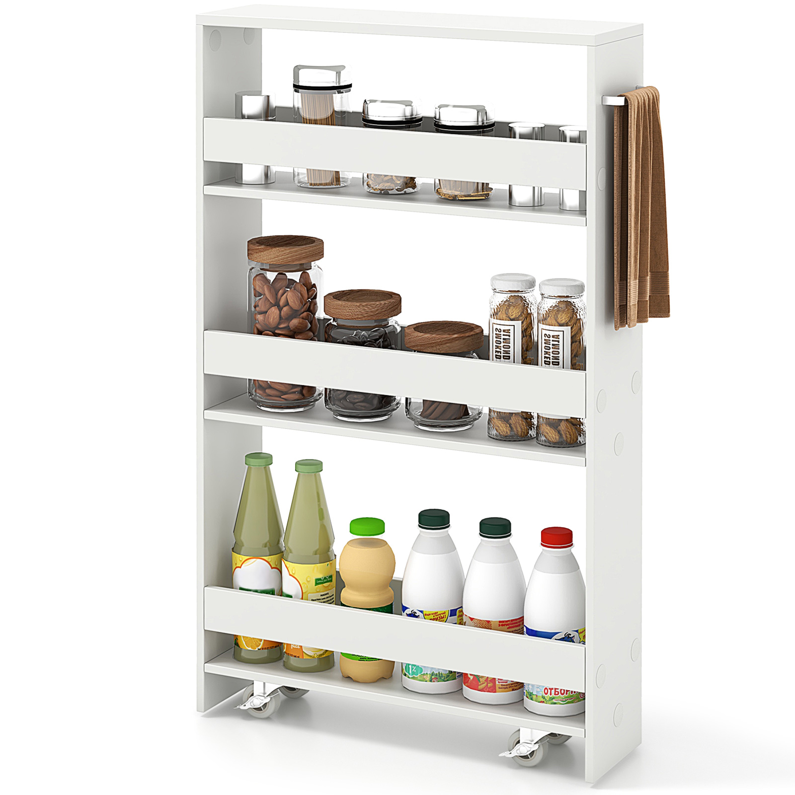 Costway Slanke Opbergwagen met 4 Niveaus Smalle Mobiele Serveerwagen met Open Planken Wit