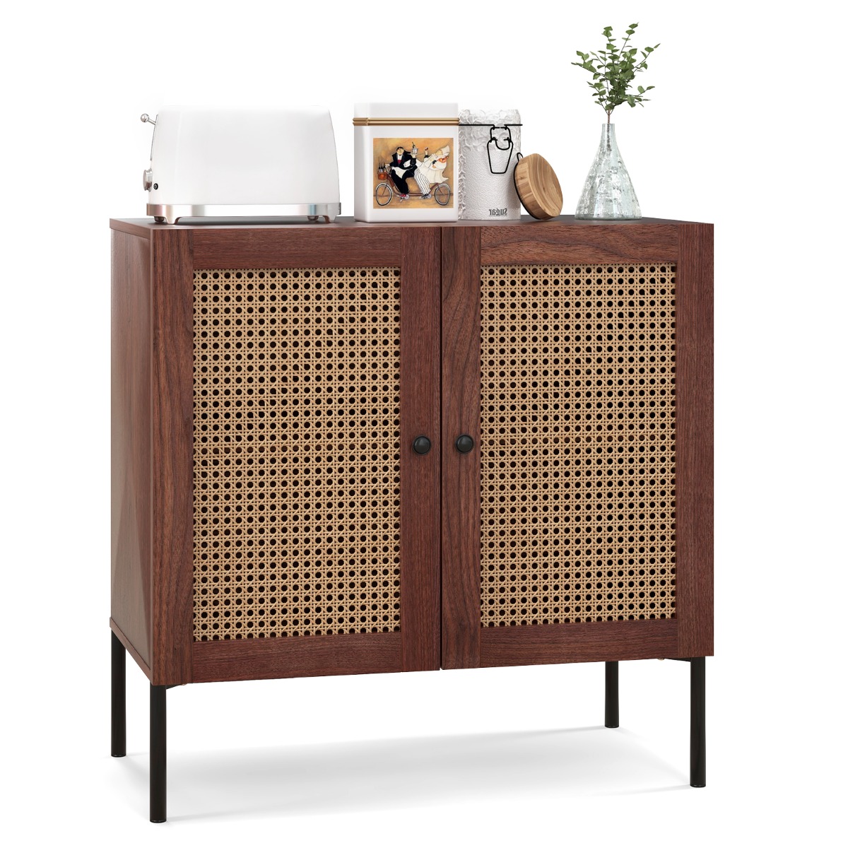 Costway Keukenkast met 2 Planken Buffetkast met 2 Rieten Deuren Verstelbare Plank Metalen Poten Bohemien Opbergmeubel 80 x 40 x 80 cm