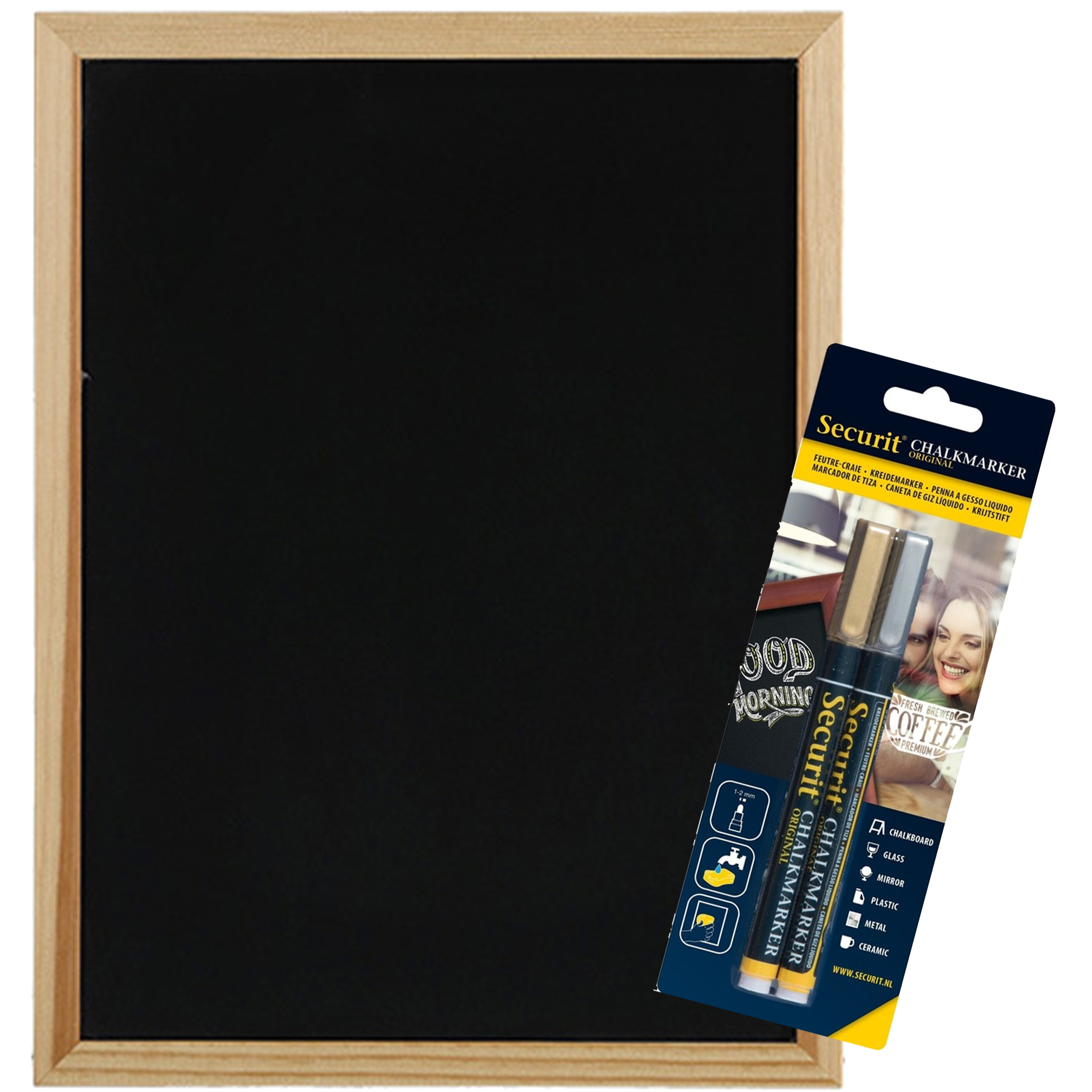 Securit Krijtbord met krijtstiften - goud/zilver - dunne punt - 30 x cm - hout -