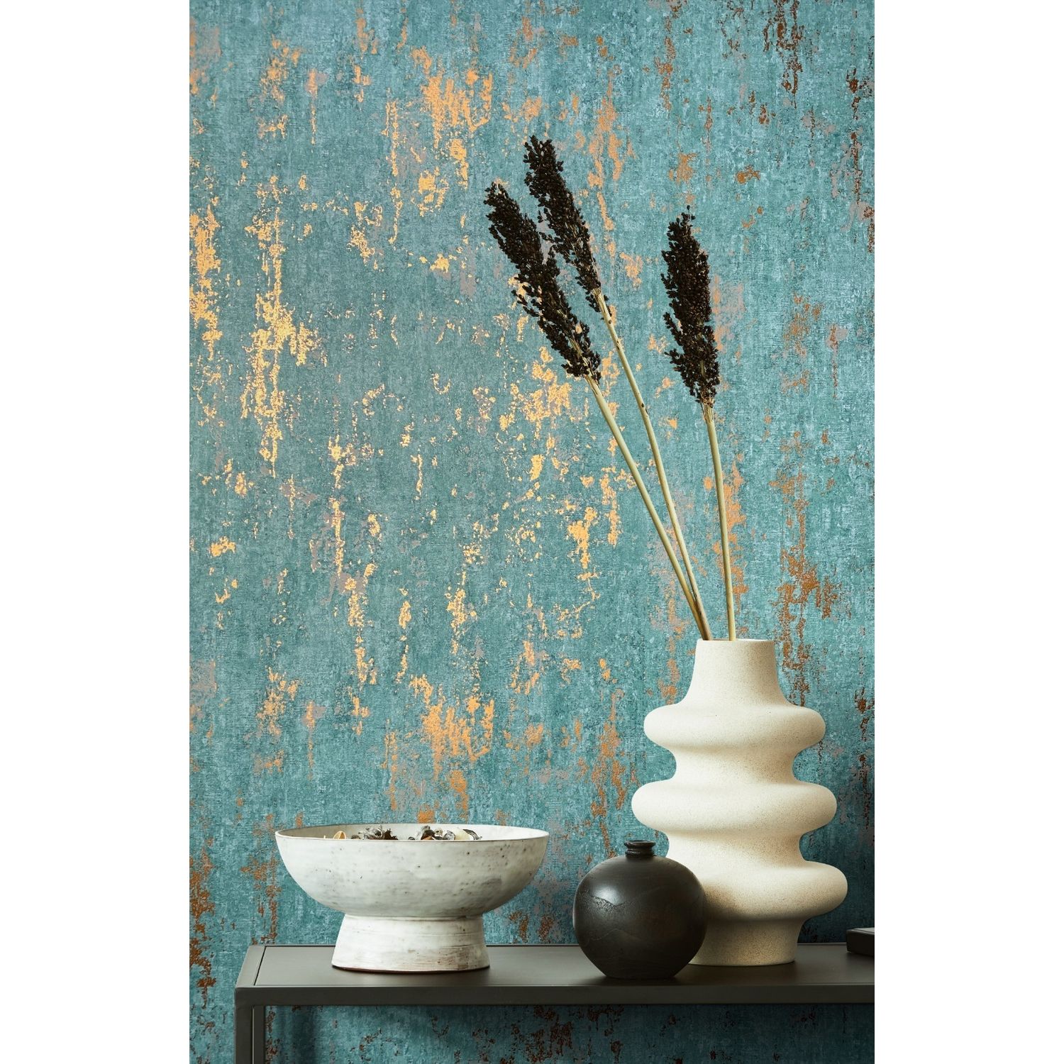 Praxis Vliesbehang City Romance 35164 - Vergrijsd Petrol - Koperen Glans - 10,05m X 53cm