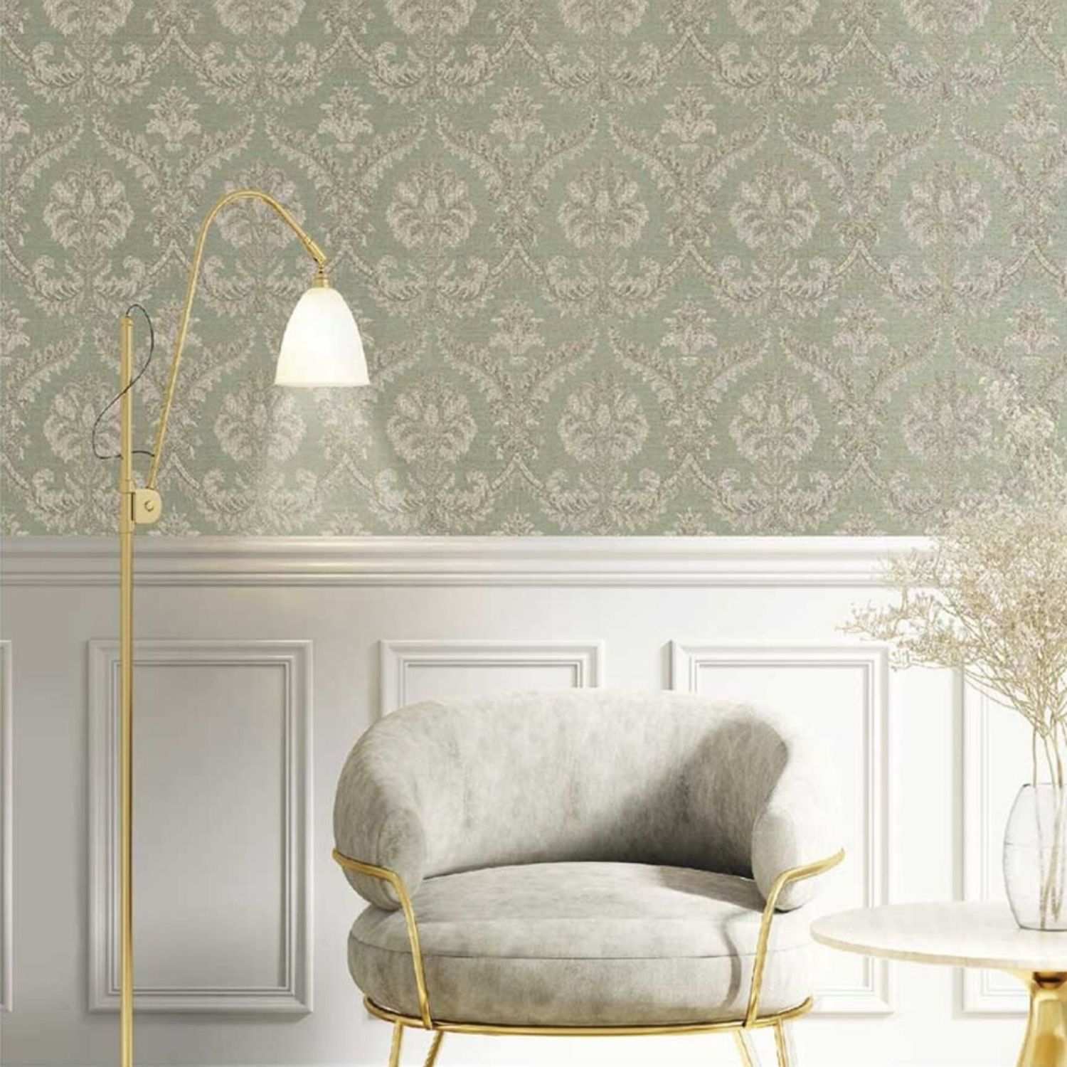 Praxis Vliesbehang Classic & Elegant 23605 - Vergrijsd Lichtgroen - Metallic - Beige - 10,05 M X 53 Cm