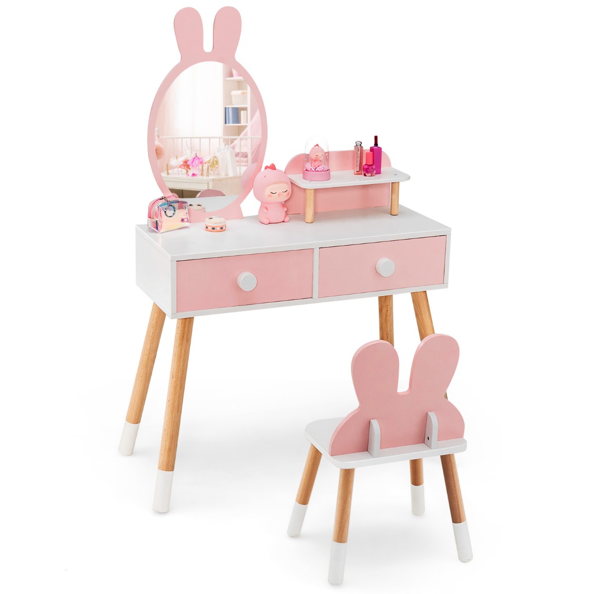 Costway Kinderkaptafel + Stoel met Konijnendesign 2-In-1 Kaptafel met Spiegel 2 Laden en Opbergrek Make-Uptafel + Stoel (Roze)