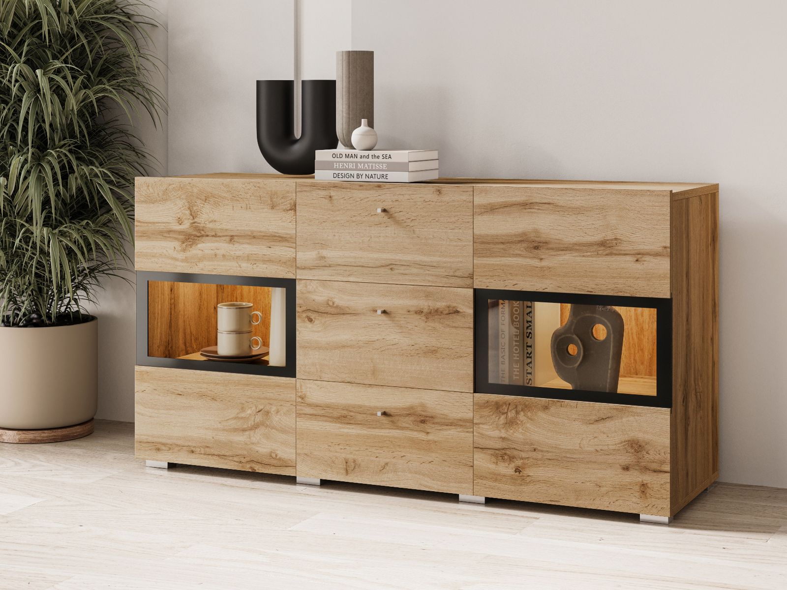 Mobistoxx Commode BABEL 2 deuren en 3 lades wotan eik met verlichting