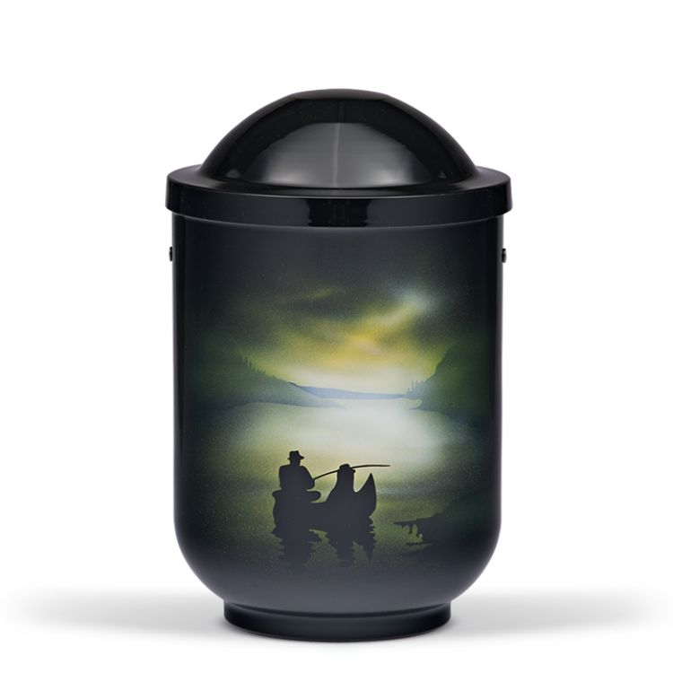Gedenk Idee Memorialshop Urn in zwart edelstaal met een Visser