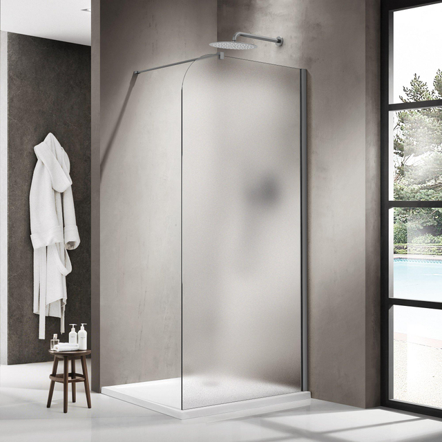 Fortifura Galeria Inloopdouche - 90x200cm - afgeronde glaswand - rechts - mat glas - wandarm - geborsteld gunmetal PVD SW1421080/SW797907