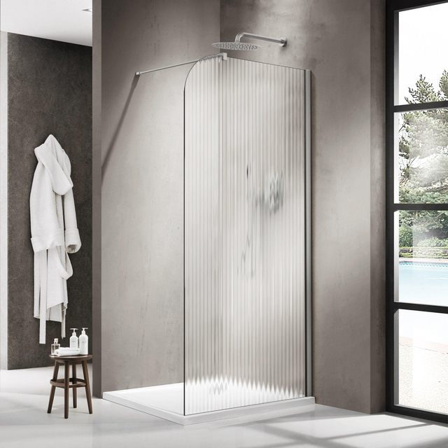 Fortifura Galeria Inloopdouche - 90x200cm - afgeronde glaswand - rechts - ribbel glas - wandarm - geborsteld RVS PVD SW1421075/SW797908