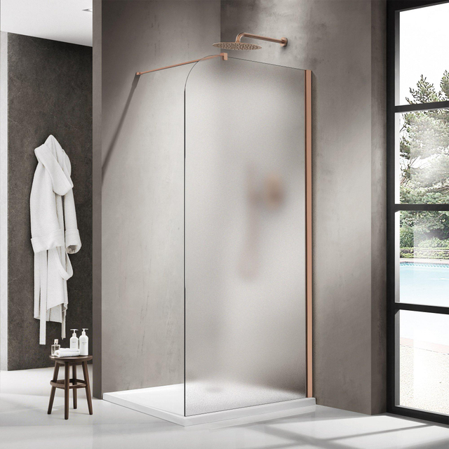 Fortifura Galeria Inloopdouche - 110x200cm - afgeronde glaswand - rechts - mat glas - wandarm - geborsteld koper PVD SW1421082/SW876702
