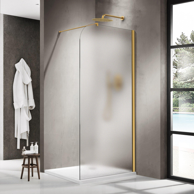 Fortifura Galeria Inloopdouche - 110x200cm - afgeronde glaswand - rechts - mat glas - wandarm - geborsteld messing PVD (Goud) SW1421082/SW797910