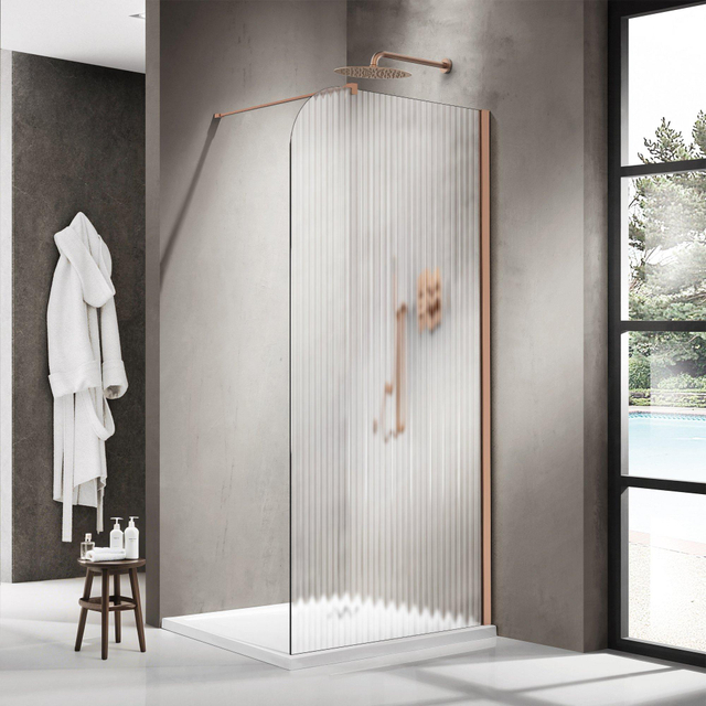 Fortifura Galeria Inloopdouche - 110x200cm - afgeronde glaswand - rechts - ribbel glas - wandarm - geborsteld koper PVD SW1421077/SW876702